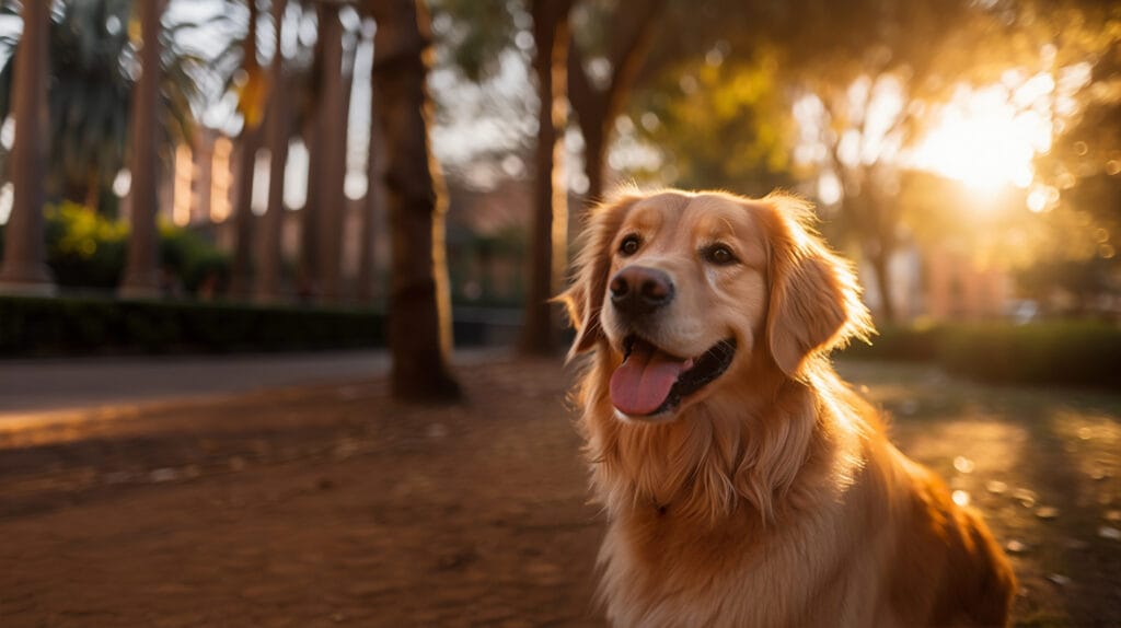 Golden retriever sitting on a dirt path in a park, trees and sunlight in the background, tongue out and looking forward—perfect for any pet lover or dog groomer who enjoys time outdoors with furry friends.
