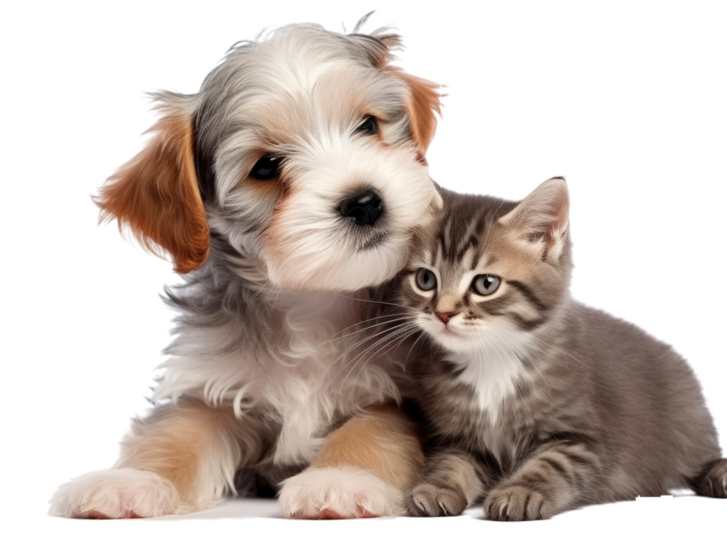 A fluffy puppy and a gray tabby kitten sit closely together against a white background, perfect for any pet lover who appreciates adorable moments.