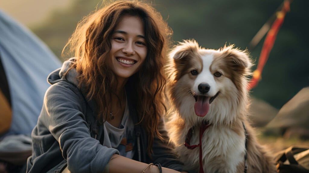 A young pet lover with long hair smiles at the camera while sitting next to a fluffy dog on a leash outdoors near a tent.