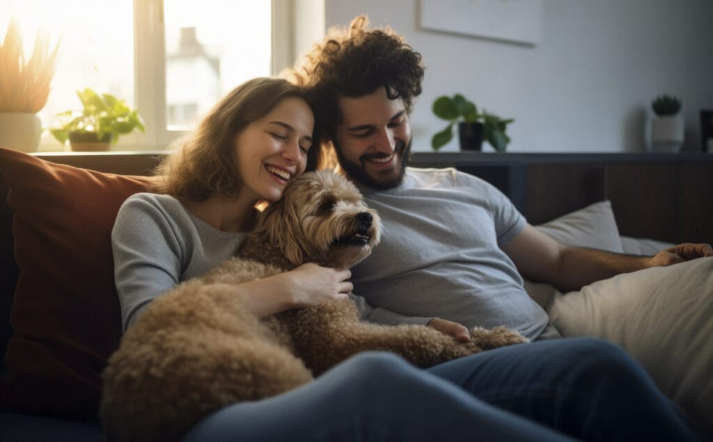 A woman and man sit closely together on a sofa, smiling and cuddling their fluffy brown dog in a bright living room—true pet lovers enjoying cozy moments.