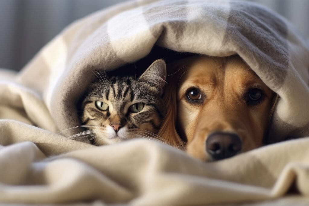 A tabby cat and a golden retriever lie close together under a beige blanket, both looking directly at the camera—a perfect moment for any pet lover or mobile pet grooming enthusiast to cherish.