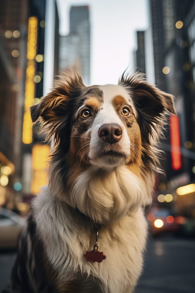 A brown, white, and tan dog with a fluffy coat sits alertly on a city street with tall buildings and blurred lights in the background, looking freshly pampered by a mobile pet grooming service—a perfect sight for any pet lover.