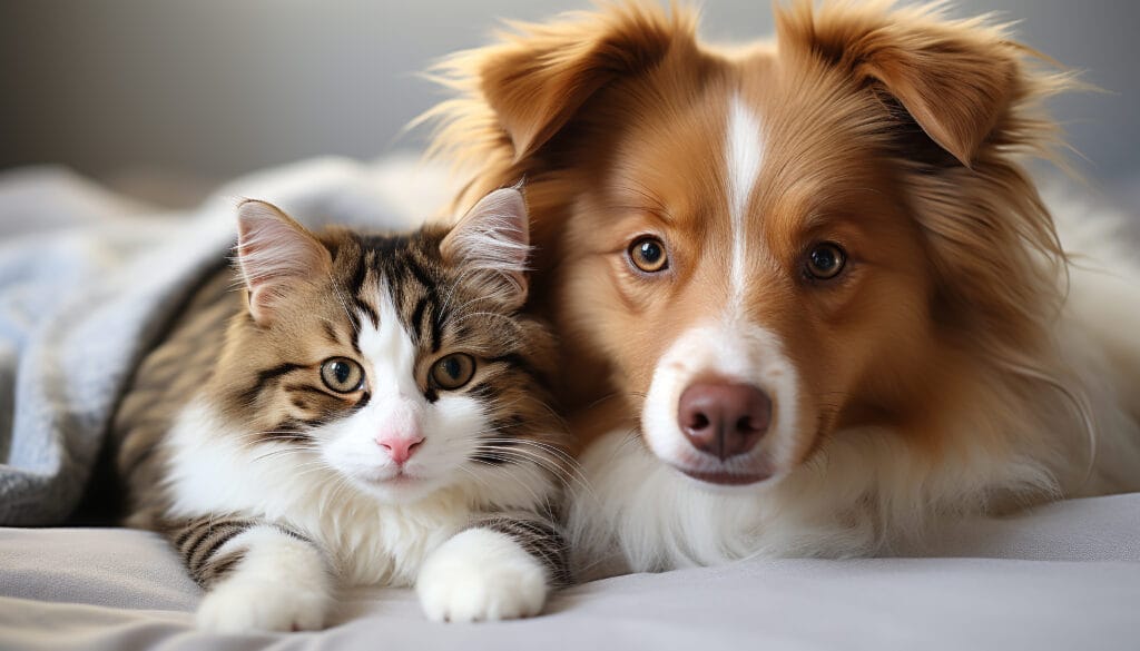 A fluffy brown and white dog and a tabby cat with white fur lie side by side on a bed, both looking directly at the camera—perfect for any pet lover’s heart.