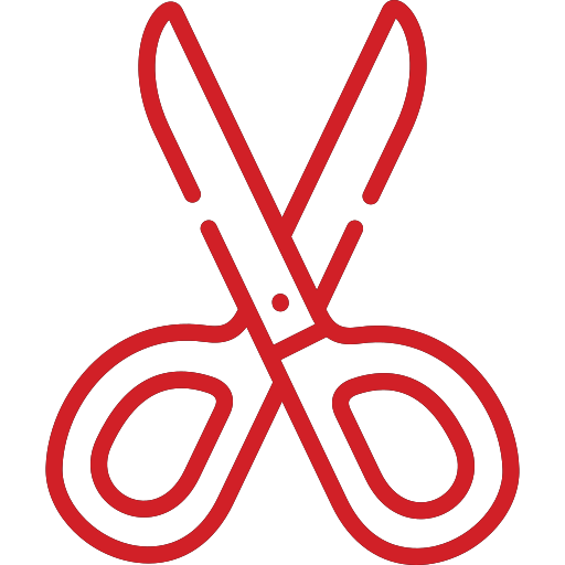 Red outline icon of a pair of scissors with open blades and rounded handles, displayed on a light background—perfect for any dog groomer or pet lover looking to add a touch of style to their branding.