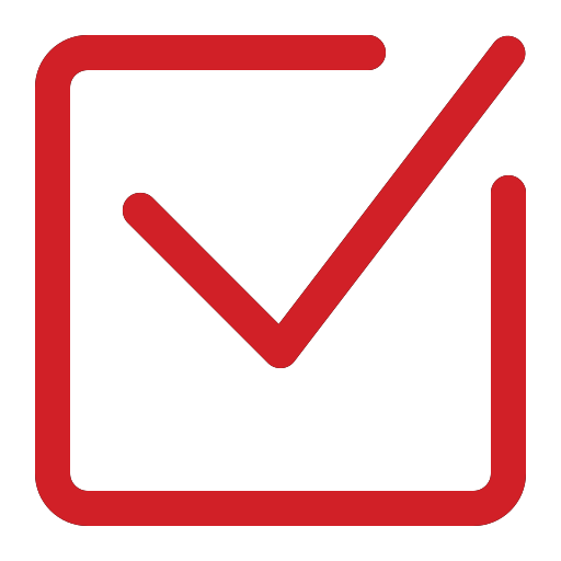Red checkmark inside a red square box on a white background, perfect for representing reliable mobile pet grooming or mobile cat grooming services.