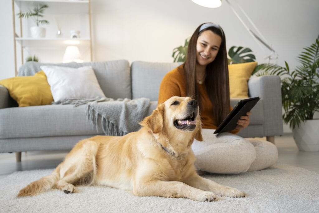 A pet lover sits on the floor holding a tablet and smiling at a golden retriever lying on a rug in a bright living room.