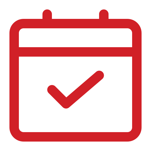 Red calendar icon with a check mark in the center, indicating a completed or confirmed mobile pet grooming appointment or task.