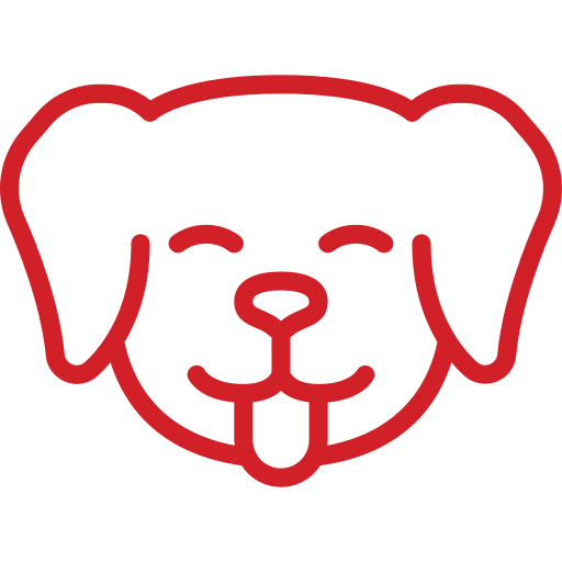 Red outline illustration of a dog's face with its tongue sticking out, drawn in a simple, minimalist style on a light gray background—perfect for any pet lover or aspiring dog groomer.