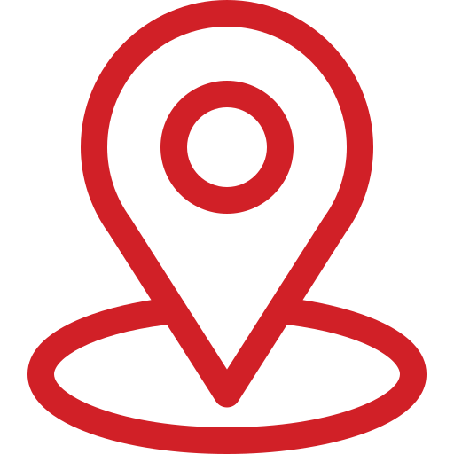 A red map location pin icon centered above a red oval, symbolizing a marked spot—ideal for showcasing mobile pet grooming or cat grooming services for the dedicated pet lover.