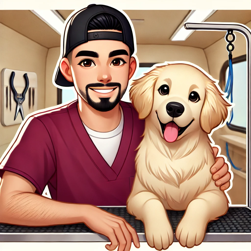 A smiling dog groomer in scrubs and a backward cap poses with a golden retriever on a grooming table, showing his passion as a true pet lover in a caring pet care setting.