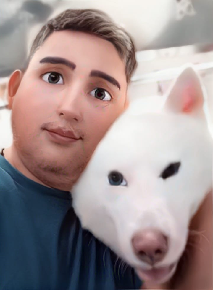 A pet lover with digitally altered features poses closely with a white dog, whose face appears slightly distorted, likely due to a filter effect.
