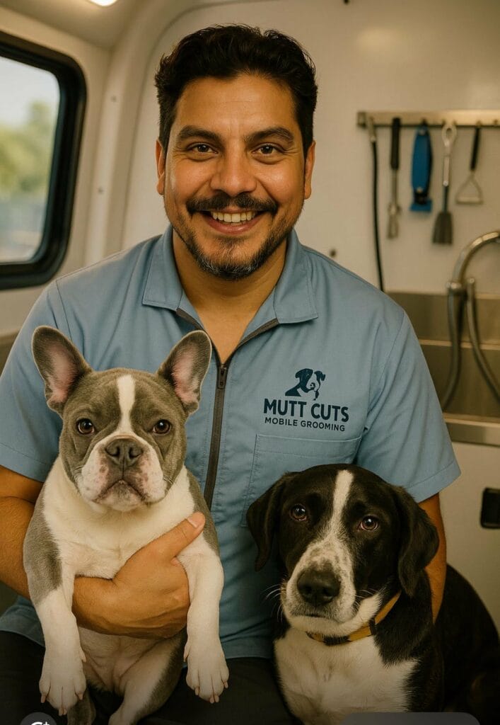 A man in a grooming uniform sits in a mobile pet grooming van, smiling and holding a French Bulldog, with a black and white dog beside him. Grooming tools hang on the wall, showcasing his professional mobile dog grooming setup.