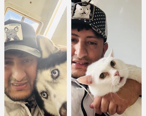 A man wearing different animal-themed hats poses for selfies with a Siberian Husky in one photo and a white cat in the other, perhaps after a visit from a mobile pet grooming service.