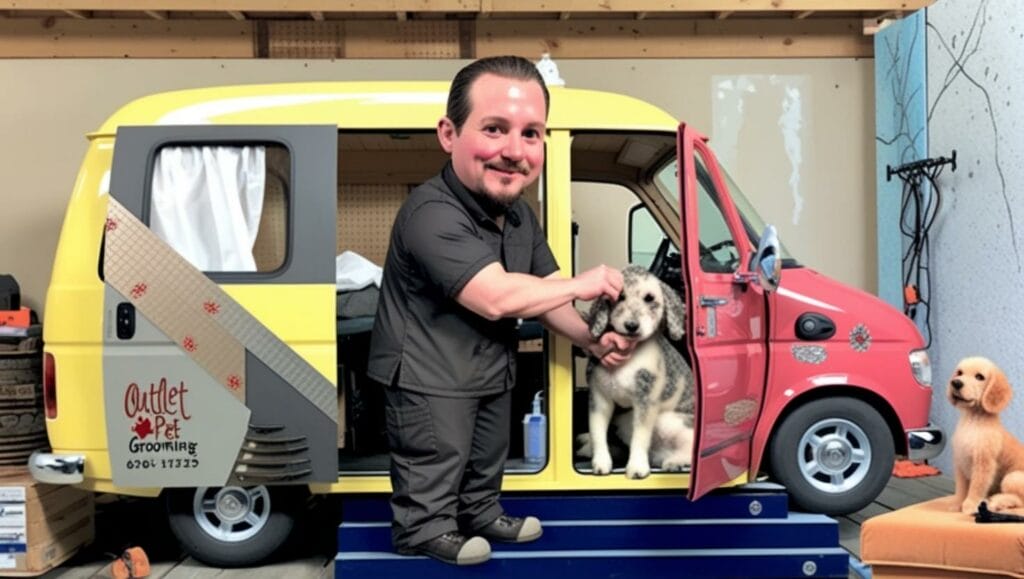 A man in grooming attire stands by a small van labeled "Outlet Pet Grooming," holding a dog on a platform—showcasing convenient mobile dog grooming for every pet lover, with tools neatly arranged nearby.