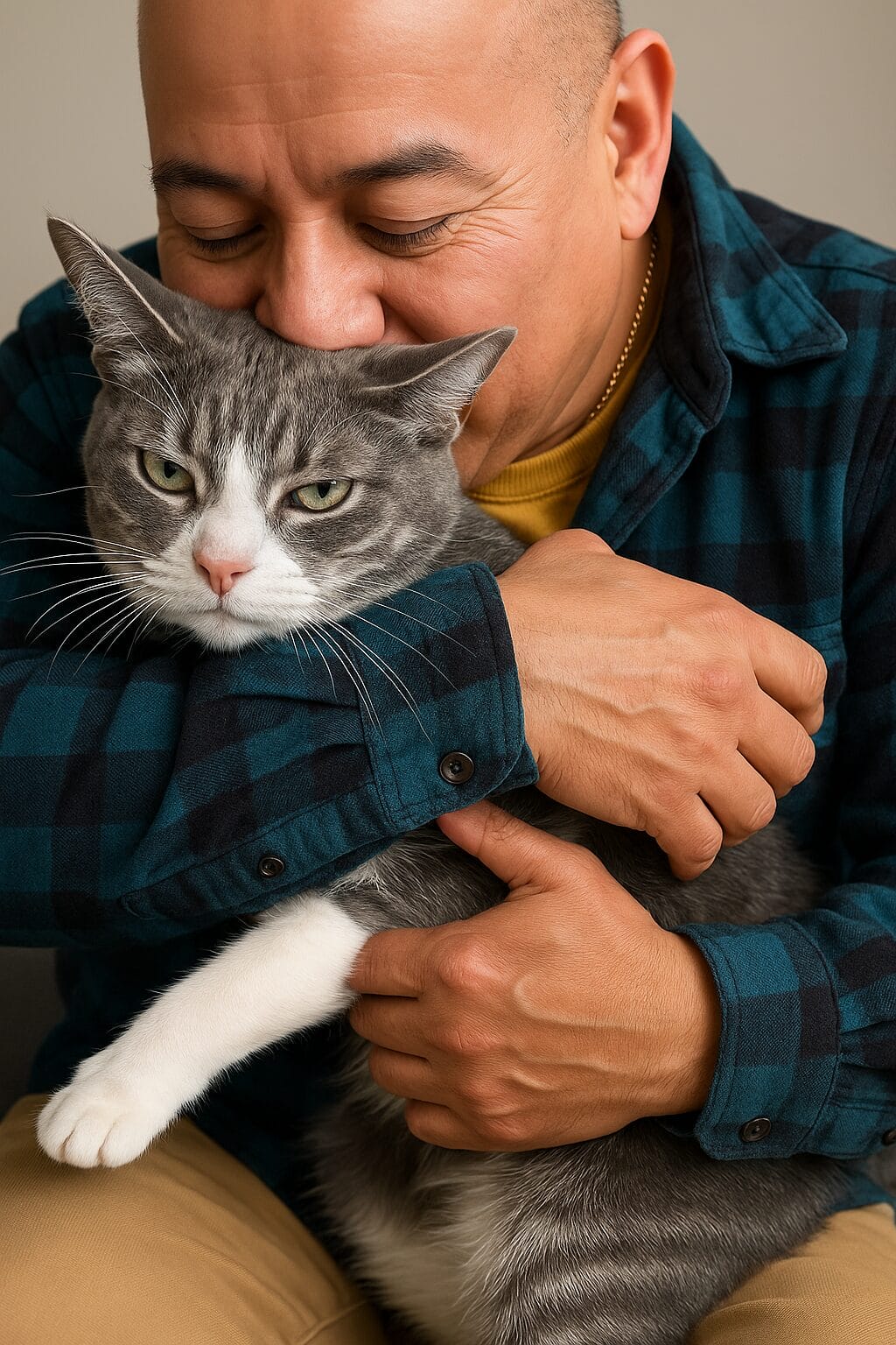 A man in a plaid shirt hugs a gray and white cat, pressing his face to the cat’s head. The cat, freshly pampered after mobile cat grooming, looks directly at the camera with a neutral expression.