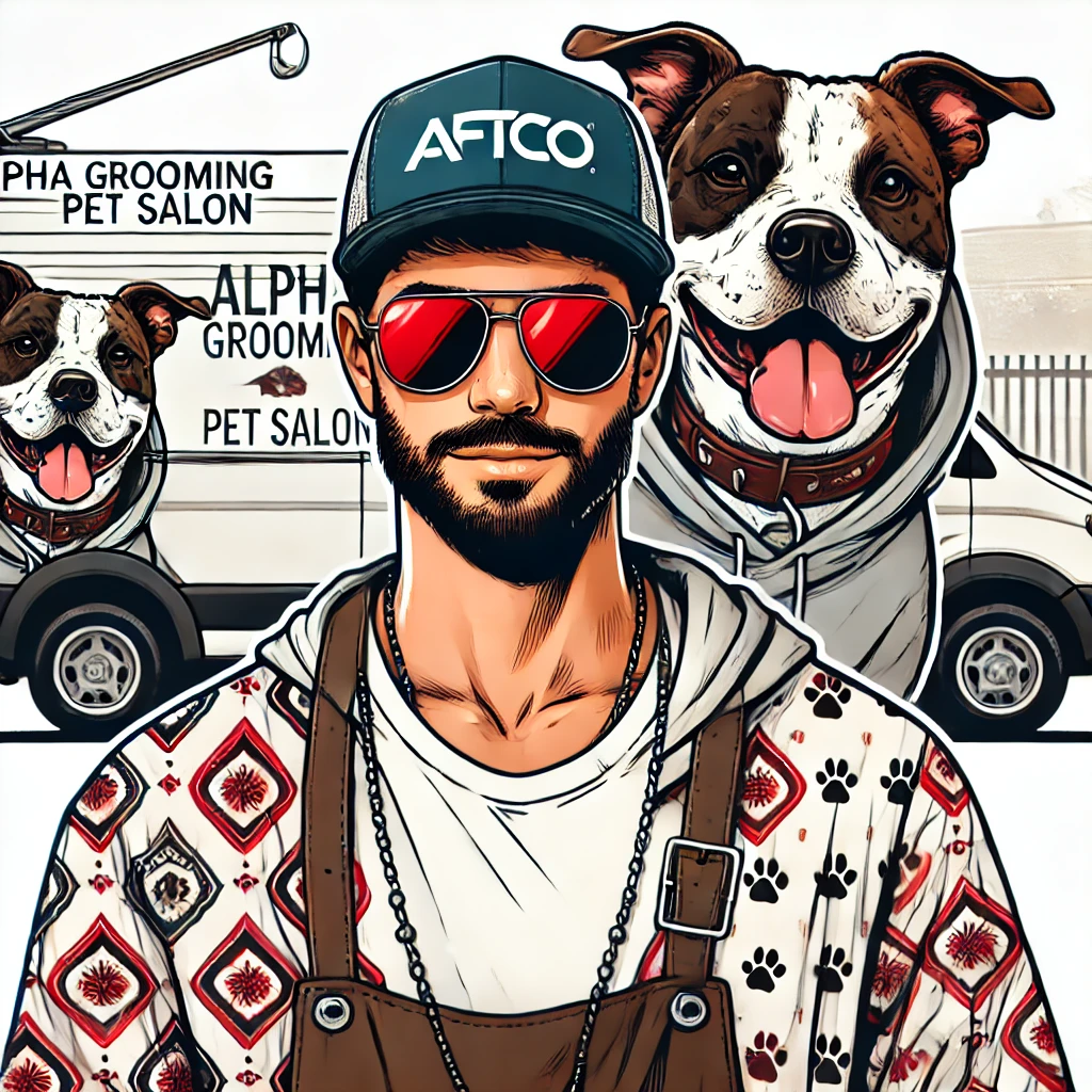 A pet lover in sunglasses and a cap stands in front of an Alpha Grooming Pet Salon van, with a smiling dog beside him and matching dog graphics, highlighting the convenience of mobile dog grooming.