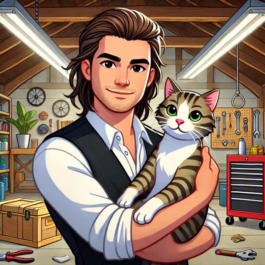 A man with long brown hair holds a tabby cat in a well-organized workshop, filled with tools, plants, and storage boxes—an inviting space reminiscent of a mobile pet grooming setup.