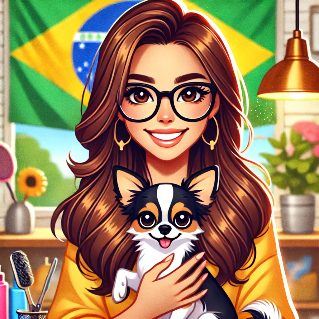 A woman with long brown hair and glasses, a true pet lover, holds a small dog as she sits indoors with a Brazilian flag in the background.
