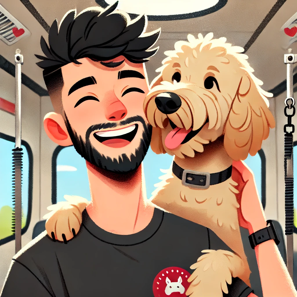 A smiling man with a beard, a true pet lover, poses with his happy, curly-haired dog inside a vehicle. The dog has its paw on the man's shoulder, and both look cheerful.